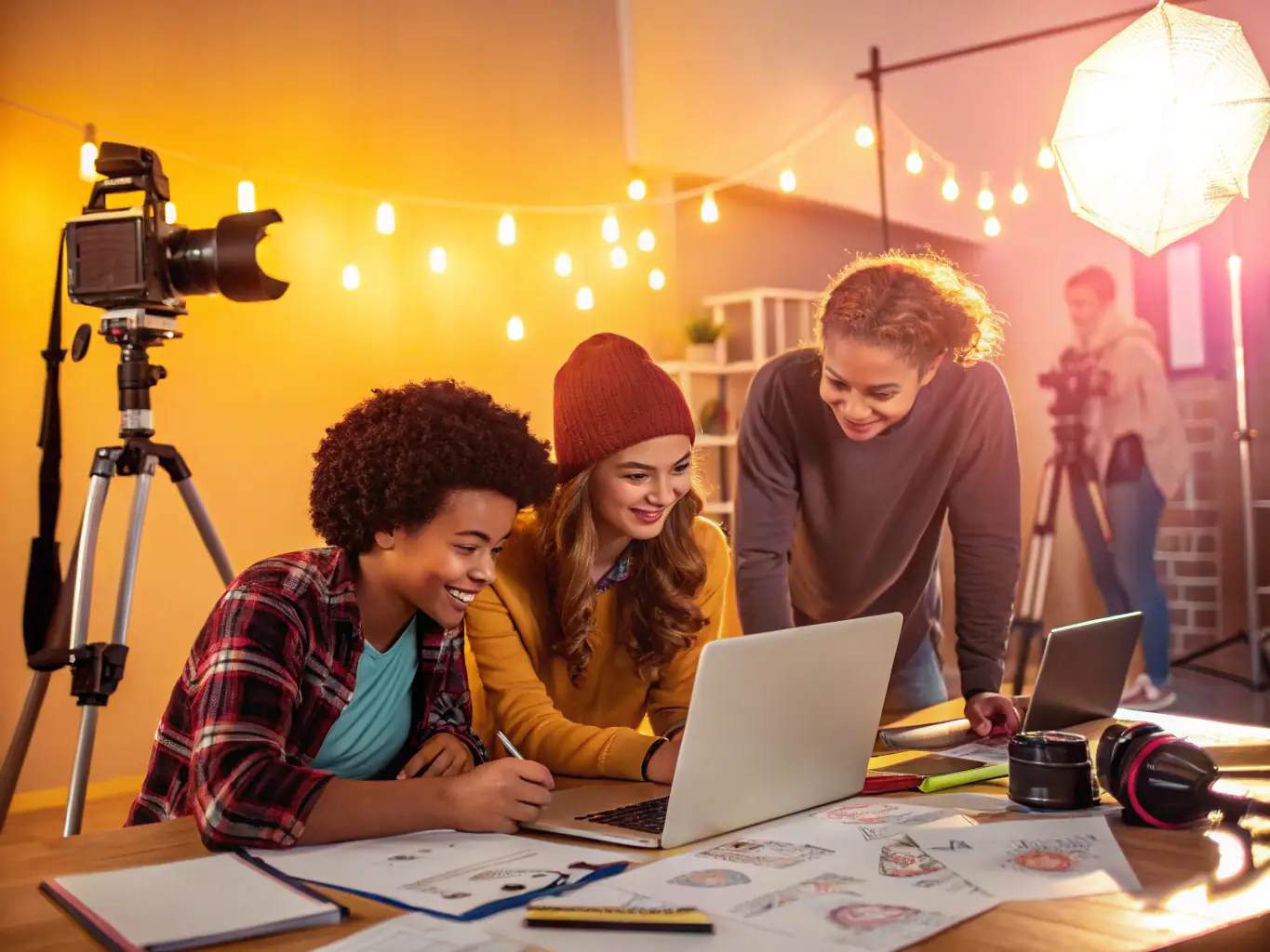 A diverse group of artists participating in a collaborative workshop, focused on developing new audiovisual techniques, set in a modern studio environment with various equipment and creative tools.