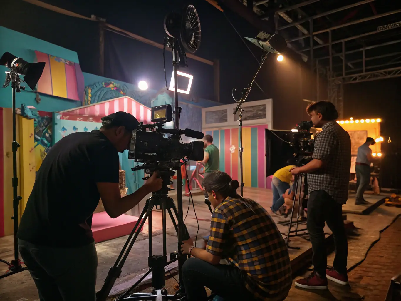 A behind-the-scenes shot of a film production supported by ASS NUCLEAR ZONE, featuring a diverse crew working on set with professional equipment, highlighting the collaborative effort in creating audiovisual projects.