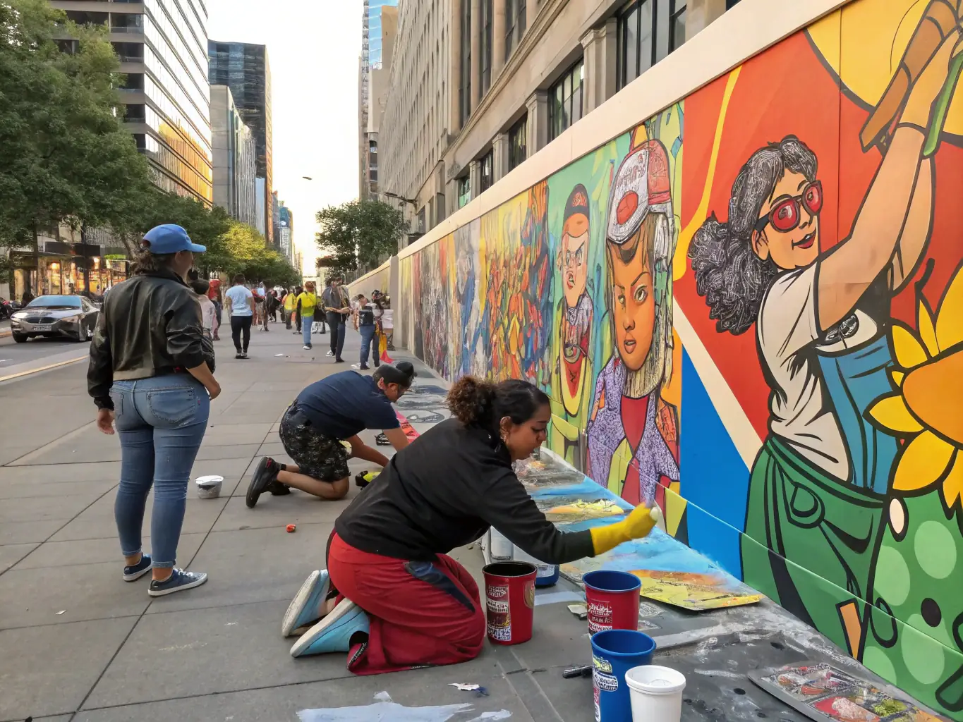 A diverse group of artists collaborating on a community mural project, showcasing ASS NUCLEAR ZONE's commitment to public art and community engagement.