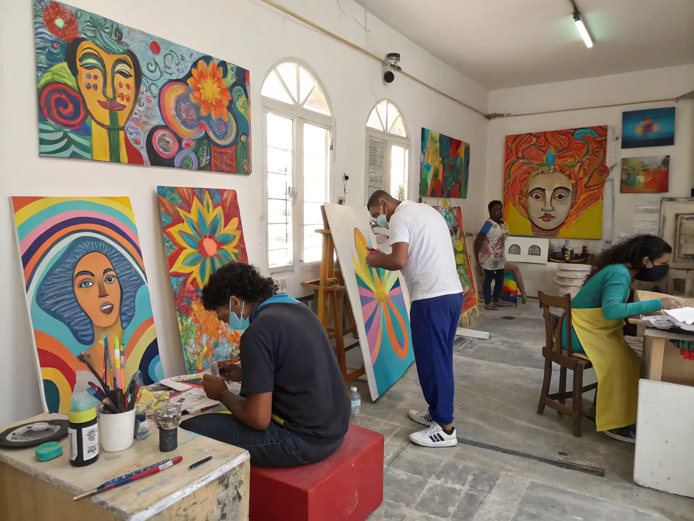 A vibrant image of artists collaborating in a workshop setting, surrounded by various art supplies and equipment, reflecting the collaborative and creative environment fostered by ASS NUCLEAR ZONE's programs.